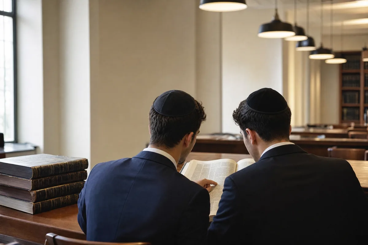 שני לומדים בבית המדרש רכונים על גמרא פתוחה, הלימוד שהחזקת תורה שומרת עליו