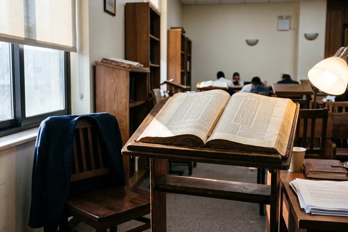 גמרא פתוחה על סטנדר ומעיל על הכיסא, מקום לימוד שנשאר פנוי
