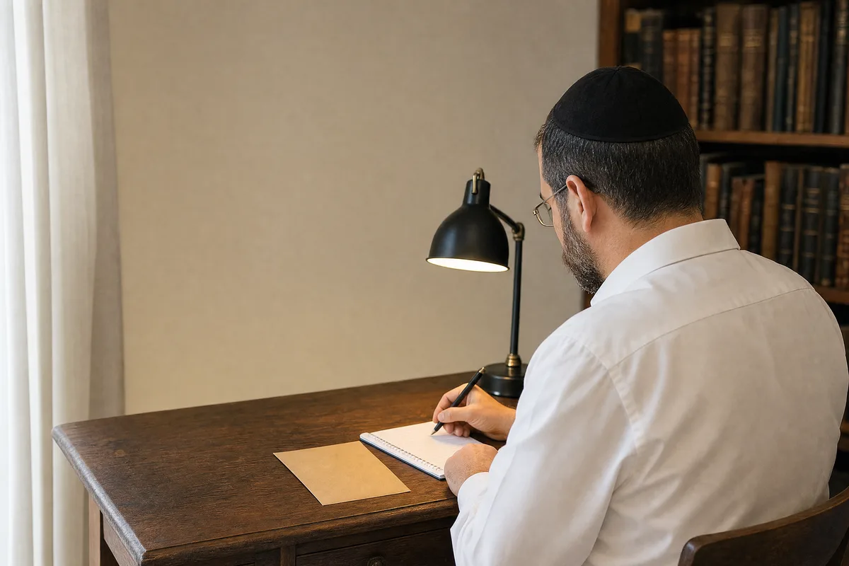 איך עושים מעשר כספים בבית: אדם רושם בפנקס בערב ליד שולחן העבודה