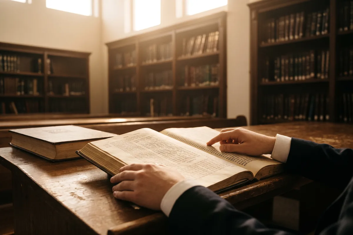 ידיים של לומד על גמרא פתוחה בבית המדרש בערב, הלימוד שכספי המעשר מחזיקים