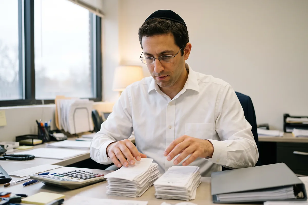 בעל עסק ממיין קבלות של ספקים לשתי ערימות, הוצאות העסק שיורדות מן ההכנסה לפני חישוב המעשר