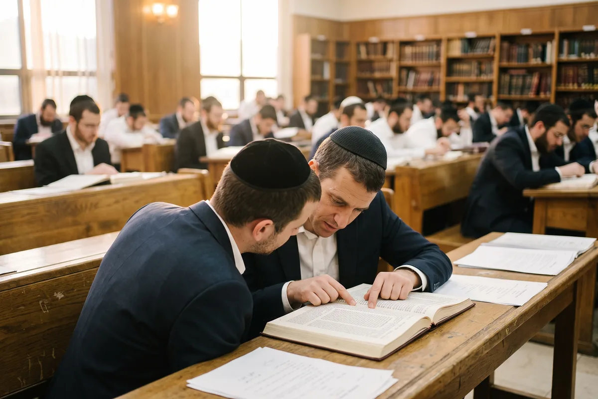 שני בחורי ישיבה לומדים יחד מול גמרא פתוחה בבית מדרש מלא בשעת סדר ערב