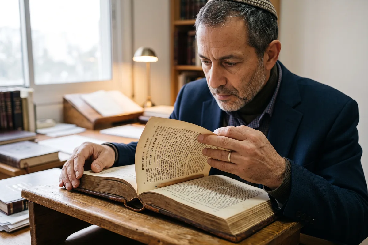 אדם מדפדף בספר פתוח על סטנדר בבית המדרש, עיון במעלות הצדקה