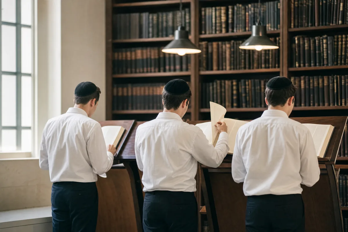 בחורי ישיבה לומדים מול סטנדרים בבית המדרש, הלימוד שתרומה לישיבה מחזיקה