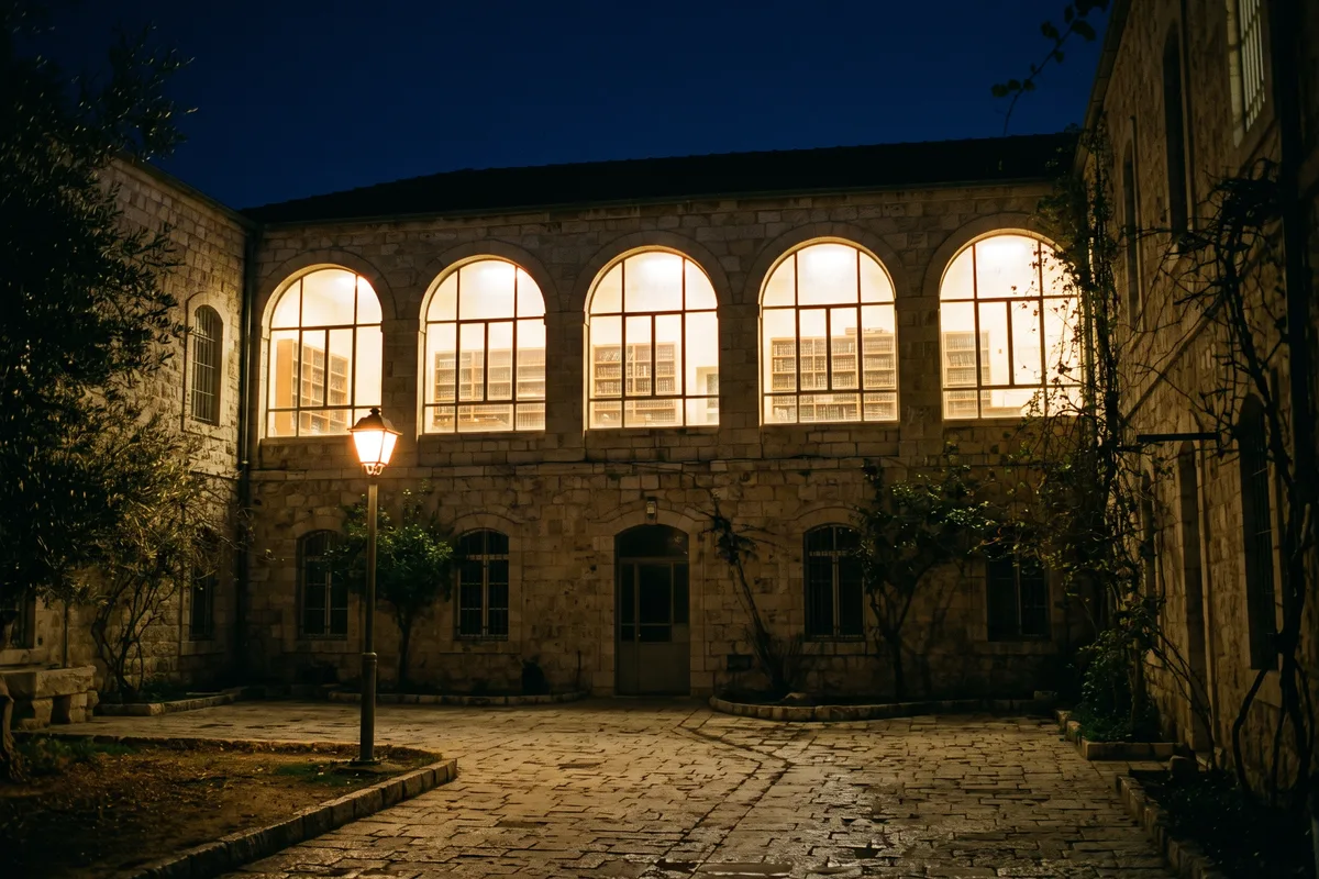בניין ישיבה בלילה עם אור דולק בחלונות בית המדרש, הלימוד שנמשך
